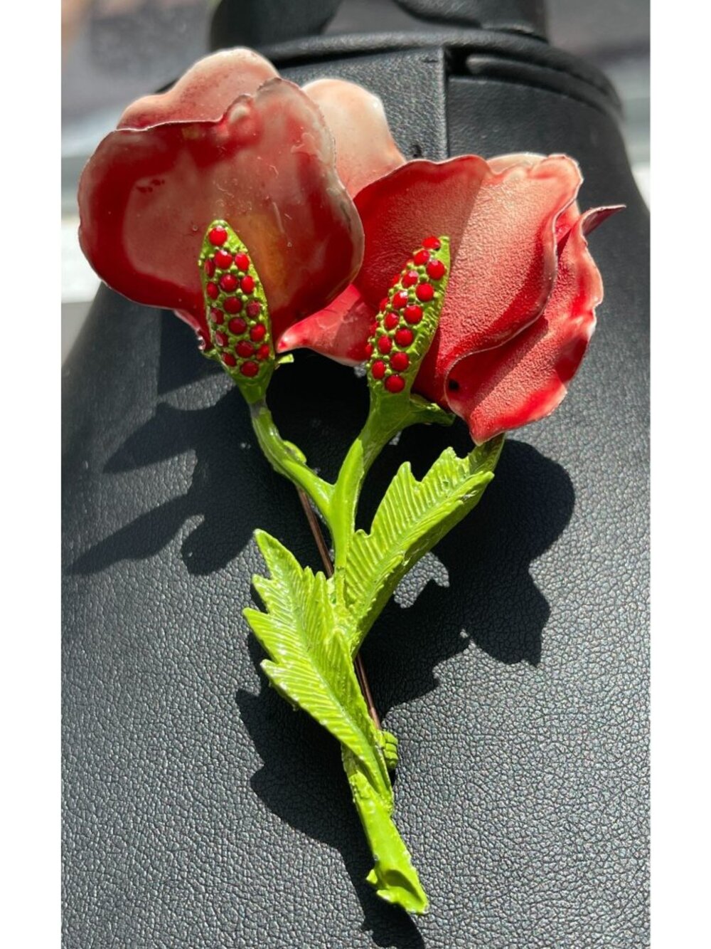 Vintage Enamel Flower Brooch W/ Red Glass Accents Dimensional Floral Pin Pinks &
